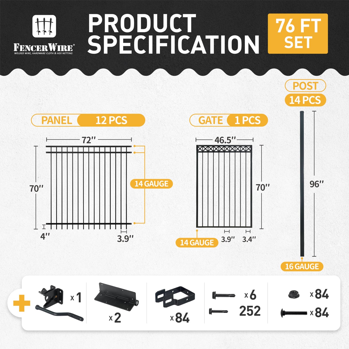 Fencer Wire 76FT Heavy Duty Flat Top Fence Barrier Kit, Anti-Rust Metal Steel Fence with 6FT Height X 6FT Width Panels, with Decorative Gate, Posts, Connectors, Outdoor Fencing for Yard