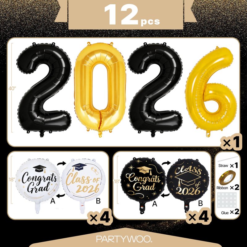PartyWoo Graduation Balloons Class of 2026 Black White Gold 12pcs Balloons 40 Inch 2026 Foil Number Balloons 18 Inch Congrats Grad Mylar Balloons for Black White Graduation Decorations Party Supplies