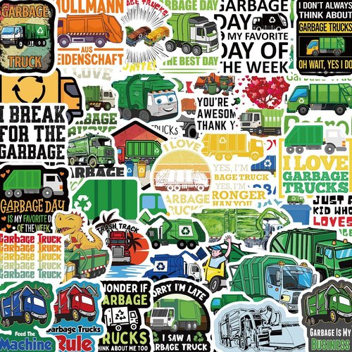 Garbage Truck Stickers 50Pcs Waterproof Cartoon Cute Trash Truck Stickers for Water Bottle Scrapbook Bumper Laptop Luggage Skateboard Cars Bike Guitar,Vinyl Funny Garbage Truck Sticker for Teens Boys