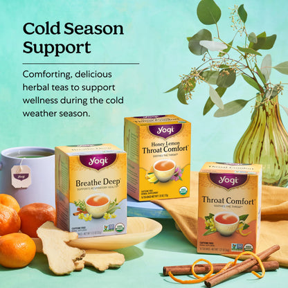 Yogi Tea Honey Lemon Throat Comfort - 16 Bags per Pack (4 Packs) - Soothing Organic Honey Tea - Includes Lemongrass, Peppermint Leaf, Licorice Root, Wild Cherry Bark, Black Pepper & More