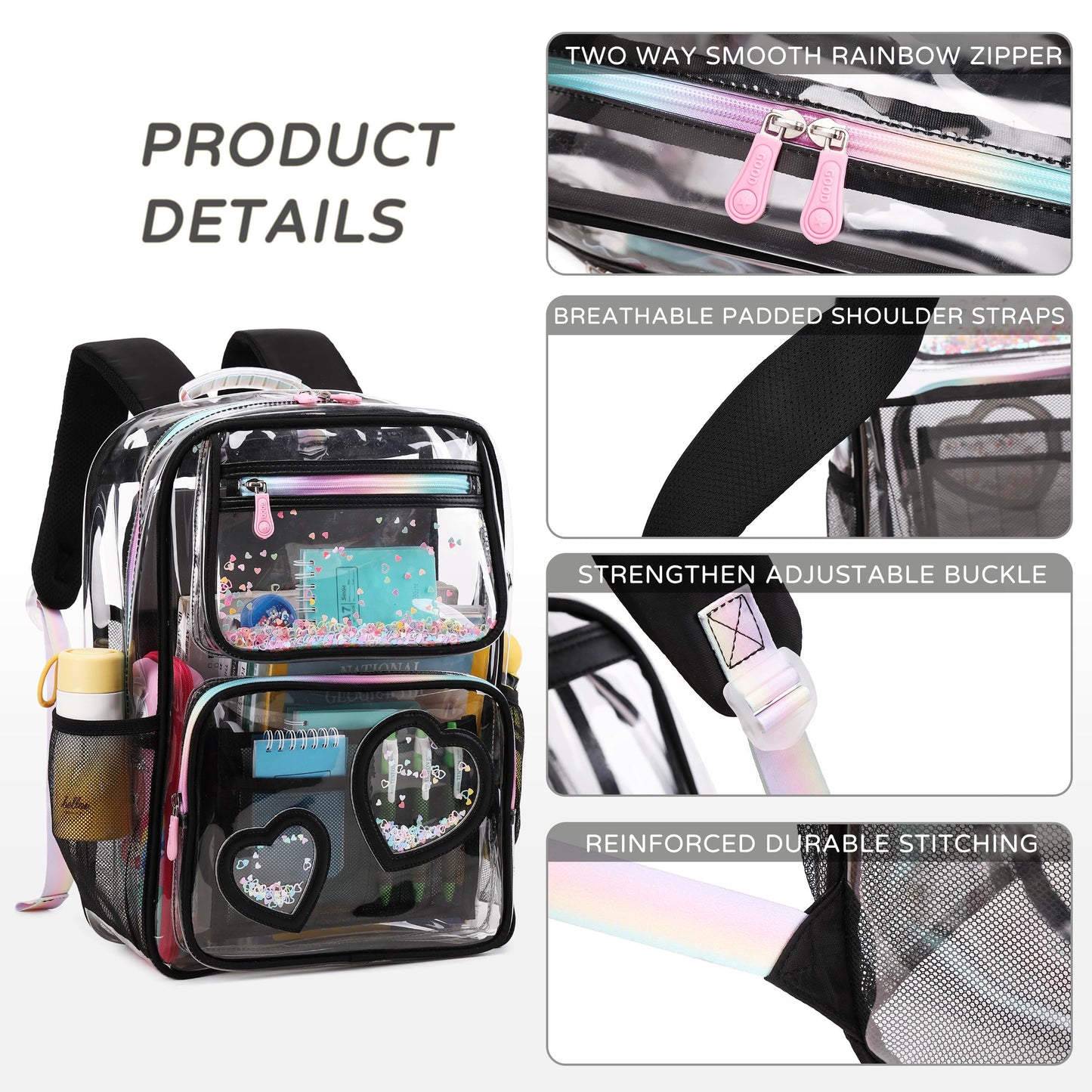 KIDNUO Clear Backpack for Girls,Clear Bookbag Heavy Duty Transparent Backpacks for Stadium Events, See Through Back Pack for Kindergarten Elementary Middle High School (Black)