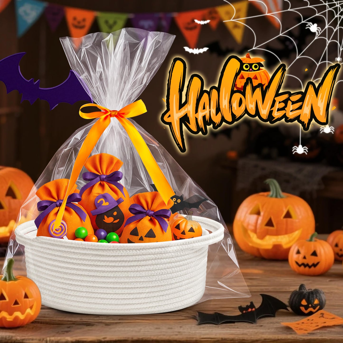 Pro Goleem Small Woven Basket with Gift Bags and Ribbons Durable Baskets for Halloween Gifts Empty Small Rope Basket for Storage 12"X 8" X 5" Baby Toy Baskets with Handles, White