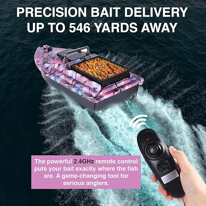 Bait Boat for FishingRC Bait Boat with 2.4GHz Remote Control 546yd Range Carries 4.4 lbs Bait Dual Brushless Motors &amp 3-Propeller System 4H Extended Runtime ABS Armor Low Battery Alarm