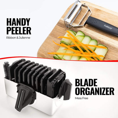 Fullstar Mandoline Slicer for Kitchen, Fruit Cutter, Cheese Grater, Cucumber Slicer, Veggie Spiralizer, Food Cutter & Kitchen Gadgets & Gifts with Safety Glove (11 in 1, Stainless Steel)