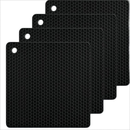 Hotsyang Silicone Trivets Mats Set, Hot Pads and Trivets for Hot Dishes, Pots and Pans, Black Silicone Hot Pads for Kitchen Table, Square Trivet Mat Set of 4