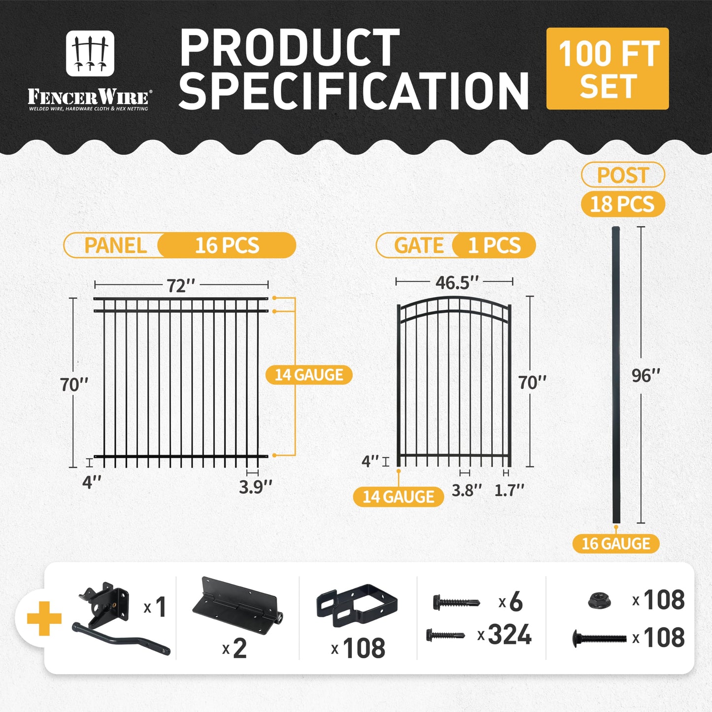 Fencer Wire 100FT Heavy Duty Flat Top Fence Barrier Kit, Anti-Rust Metal Steel Fence with 6FT Height X 6FT Width Panels, with Arched Gate, Posts, Connectors, Outdoor Fencing for Yard