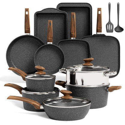 Kitchen Academy 17Pcs Induction Cookware Sets, Granite Pots and Pans Set Non Stick, Black Kitchen Cooking Pans, PFOA & PFOS Free