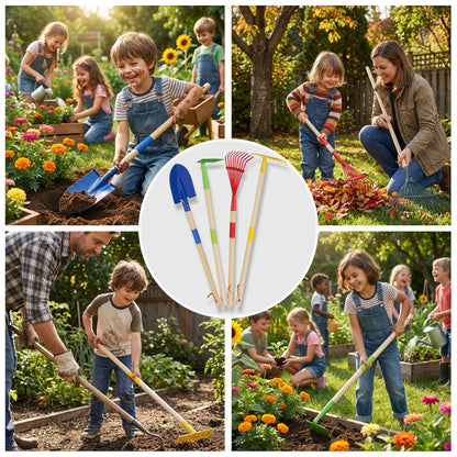 4-Piece Garden Tool Set with Shovel, Rake, Hoe, Leaf Rake - 2 Pairs of Gloves & 2 Storage Bags, Wooden Gardening Tools for Yard & Lawn Care