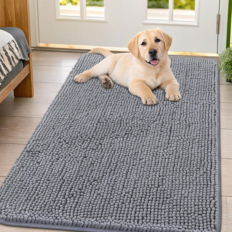 Smiry Dog Door Mat for Muddy Paws 44x32, Absorbent Dirt Trapper, Non-Slip Washable Chenille Entryway Rug for Inside Floor, Grey, Classic Solid