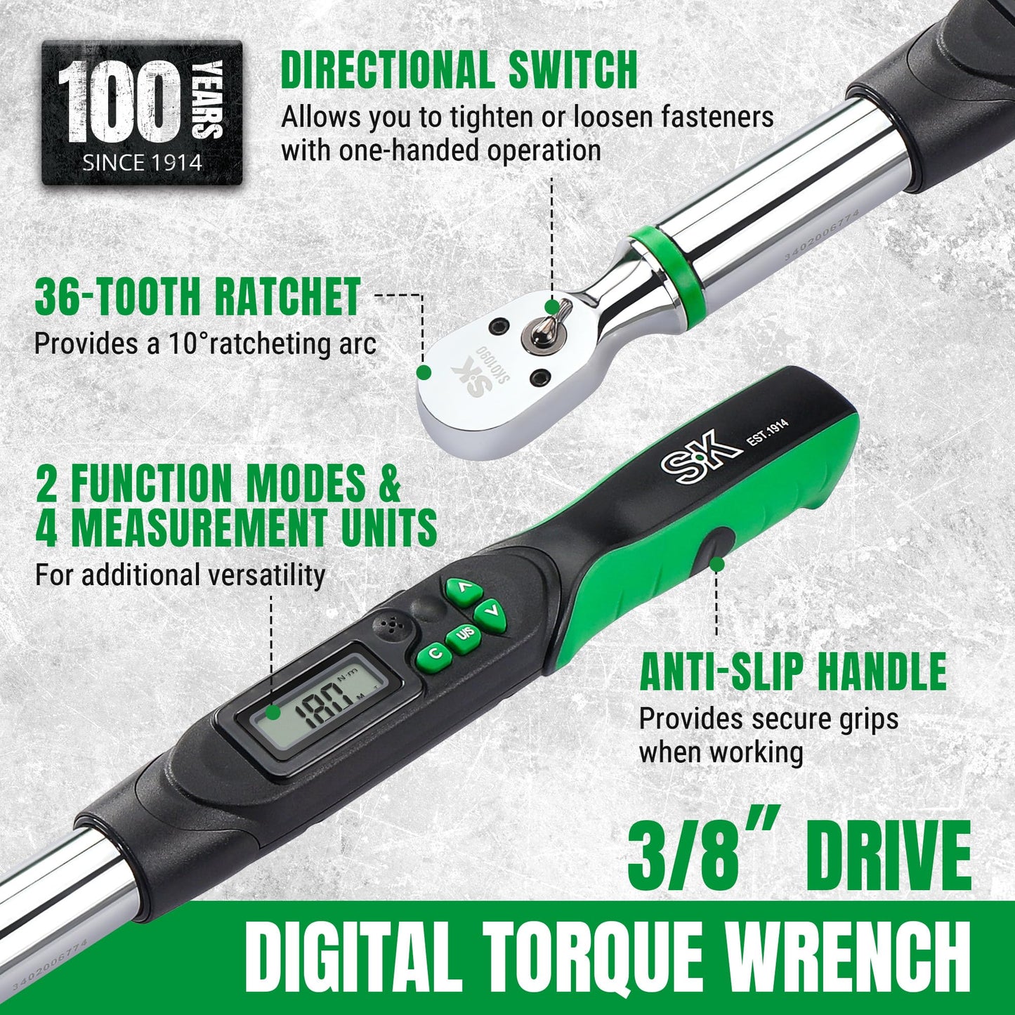 SK 3/8" Drive Digital Torque Wrench, 6.8 to 135 N-M, LED Display, Four Units of Measure & Flash Notification