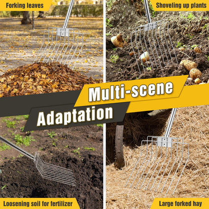 AugFir Pitchfork for Gardening, 50" Multifunctional Stainless Steel Garden Pitchfork with Handle, Suitable for Shoveling, Fertilizing, Transplanting, Mulching Garden Fork - 10 Tines