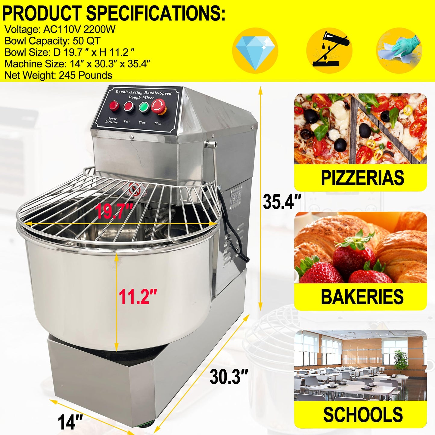 TECHTONGDA Commercial Dough Mixer 50L Food Mixer Stainless Steel Stand Mixer Dual Rotating Dough Kneading Machine with Double Speed Heavy Duty Pizza & Bread Dough Mixer for Restaurant Pizzeria 110V