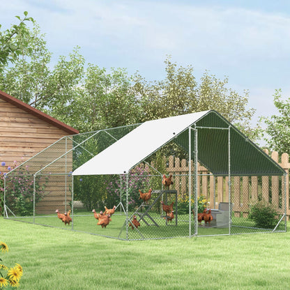 PawHut Large Chicken Coop Metal Chicken Run with Waterproof and Anti-UV Cover, Spire Shaped Walk in Fence Cage Hen House for Outdoor and Yard Farm Use, 1" Tube Diameter, 9.8' x 19.7' x 6.6'