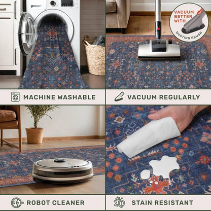Hazo Haus Washable 2x4 Entry Rug - Non-Slip Rubber Backed for Indoor Use | Perfect for Farmhouse & Boho Décor (Navy Blue)