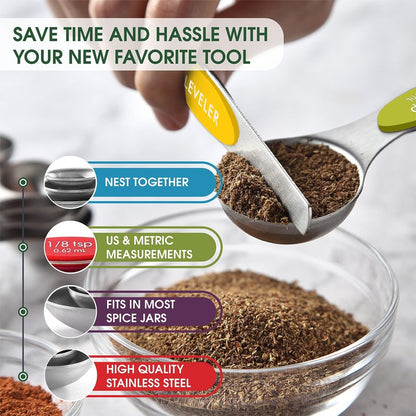 Spring Chef Stainless Steel Magnetic Measuring Spoons Set with Strong Magnets, Heavy Duty Metal Kitchen Essentials - Fits in Most Kitchen Spice Jars, Multicolor, Set of 8 with Leveler
