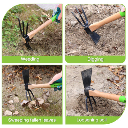 WORKPRO Hoe and Cultivator Garden Rake with 14" Wooden Handle, Sharp Hoe Blade & Sturdy 3 Claw Tiller, 2-in-1 Heavy Duty Gardening Hand Tools for Digging, Loosening Soil, Weeding, Cultivating
