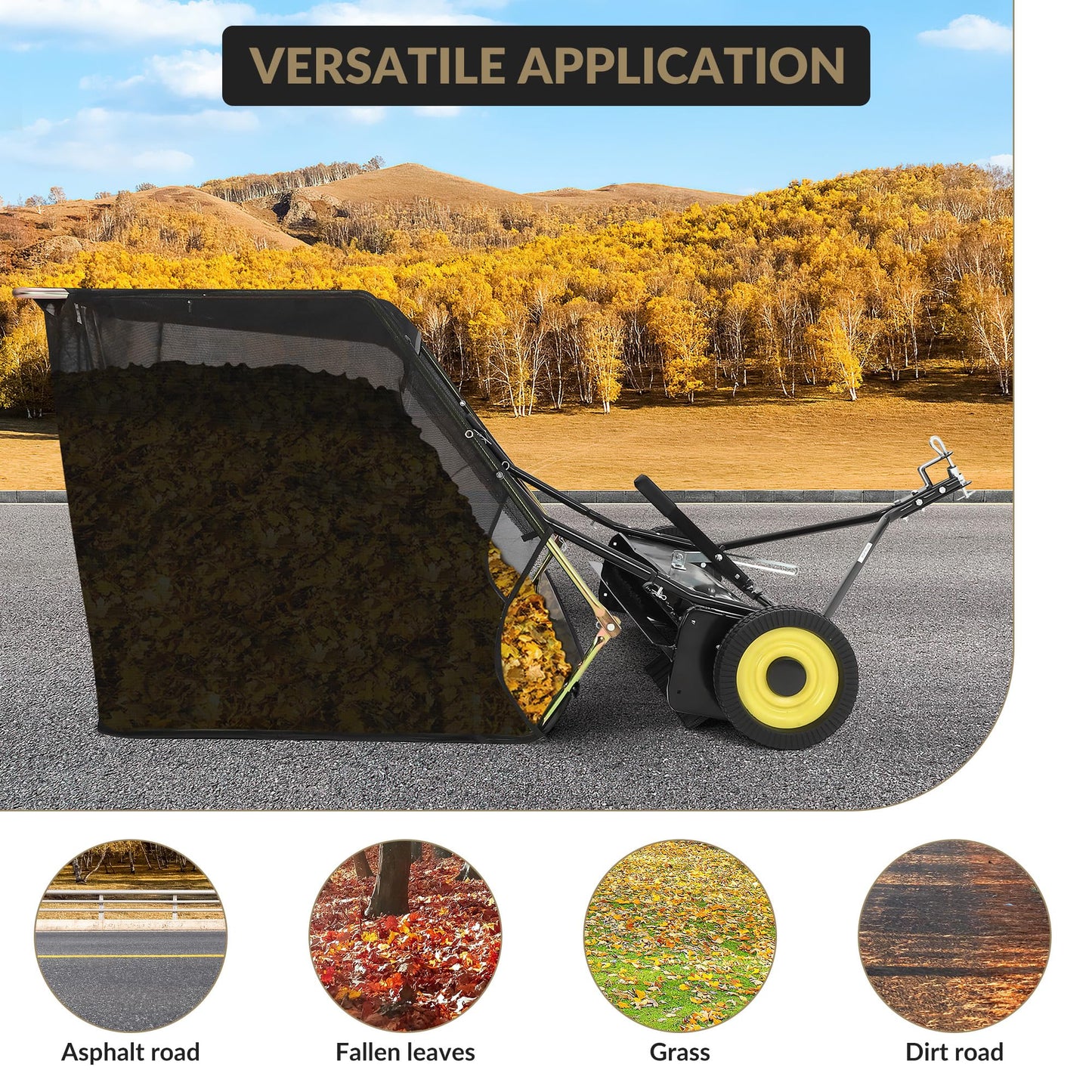 Tow Behind Lawn Sweeper 50" Wide, 26 Cu.Ft Large Hopper Yard Sweeper, Pull Behind Leaf Collector with Adjustable Sweeping Height, Universal Fit for Lawn Tractor & Debris Cleanup