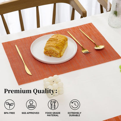 Leetaltree Orange Placemats Set of 6 - Heat Resistant Non-Slip Place mats for Dining Table, Washable Durable PVC Vinyl Woven Table Mats（Orange, 6）