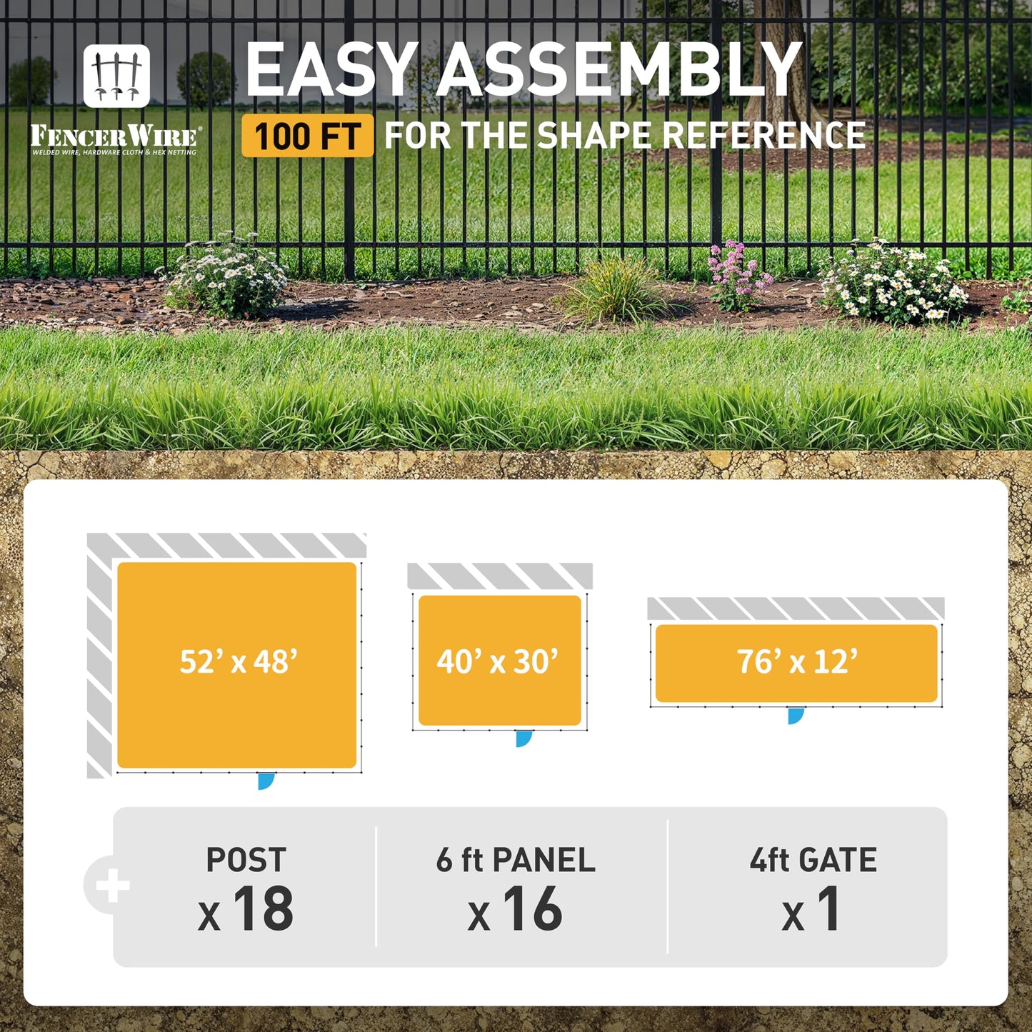 Fencer Wire 100FT Heavy Duty Flat Top Fence Barrier Kit, Anti-Rust Metal Steel Fence with 6FT Height X 6FT Width Panels, with Pinnacle Gate, Posts, Connectors, Outdoor Fencing for Yard