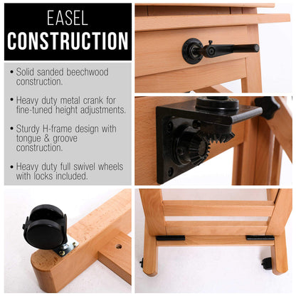 U.S. Art Supply Double Rocker Crank Heavy Duty Extra Large Wooden Studio Floor Standing Easel - Double Mast Adjustable H-Frame Art Easel for Painting, Canvas Holder, Display Stand with Locking Wheels