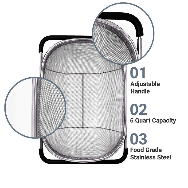 Makerstep Over the Sink Colander Strainer Basket Stainless Steel, For Kitchen Sink with Rubber Grip, Fine Mesh, Large Kitchen Gadgets Tools, Expandable Home Kitchen Essentials