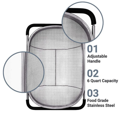 Makerstep Over the Sink Colander Strainer Basket Stainless Steel, For Kitchen Sink with Rubber Grip, Fine Mesh, Large Kitchen Gadgets Tools, Expandable Home Kitchen Essentials