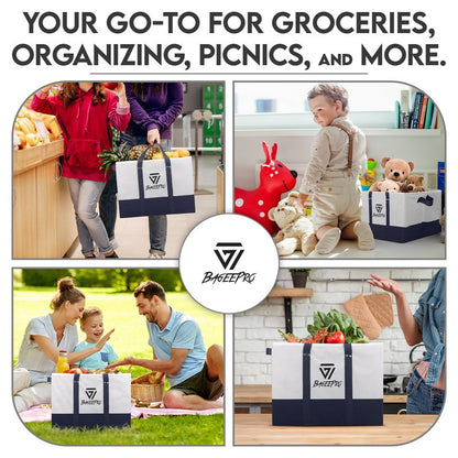 BageePro 2Pack Collapsible Tote Bags | Reusable Grocery Bag | Foldable Heavy Duty Shopping Bags with Handles for Food, Storage, and Groceries | Large Utility Tote Organizer | Navy Blue