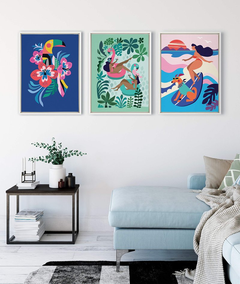 Kate and Laurel Sylvie Mid Century Modern Surf Dog Framed Canvas Wall Art by Rachel Lee of My Dream Wall, 18x24 White, Tropical Surfing Art for Wall