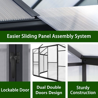 Yardenaler 8x14 FT Green House for Outdoor, Polycarbonate Aluminum Walk-in Greenhouse Kit with Lockable Door and Adjustable Roof Vents, Backyard Garden in Winter, Gray