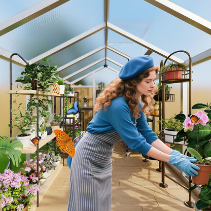 6x10 FT Greenhouse, Outdoor Sliding Door, Polycarbonate Greenhouse with Aluminum Frame, Lockable Door and Ajustable Roof Vent for Backyard, Outside Garden Backyard, Patio, Silver