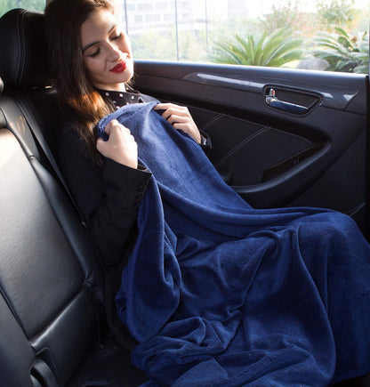 BlueHills Premium Soft Travel Blanket Pillow Airplane Blanket Packed in Soft Bag Pillowcase with Hand Luggage Belt Compact Pack Large Long Flight Essentials Portable Navy Blue T002