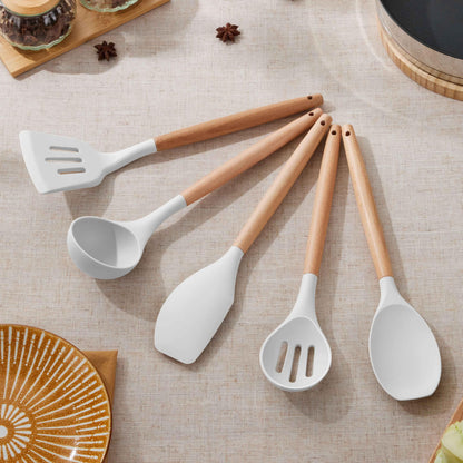 Herogo 8 Pcs Non-Stick Silicone Cooking Utensils Set with Wooden Handle, Heat Resistant Food-Grade Kitchen Utensils Set, Includes Spatula Spoon Turner Server Whisk Ladle for Baking, Cooking (White)