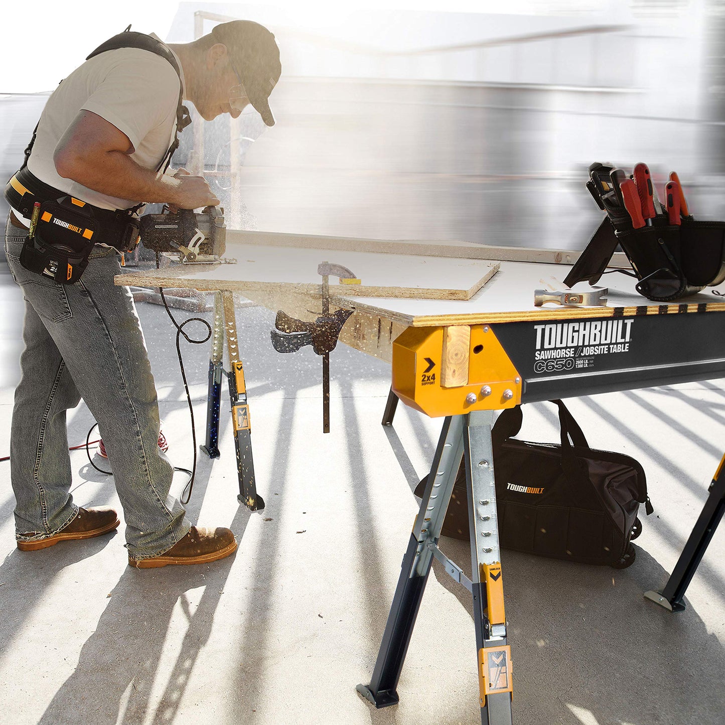 ToughBuilt - Folding Sawhorse/Jobsite Table - Sturdy, Durable, Lightweight, Heavy-Duty, 100% High Grade Steel, 1300lb Capacity, Pivoting Feet, Adjustable Height Legs - (TB-C650) 1-Pack