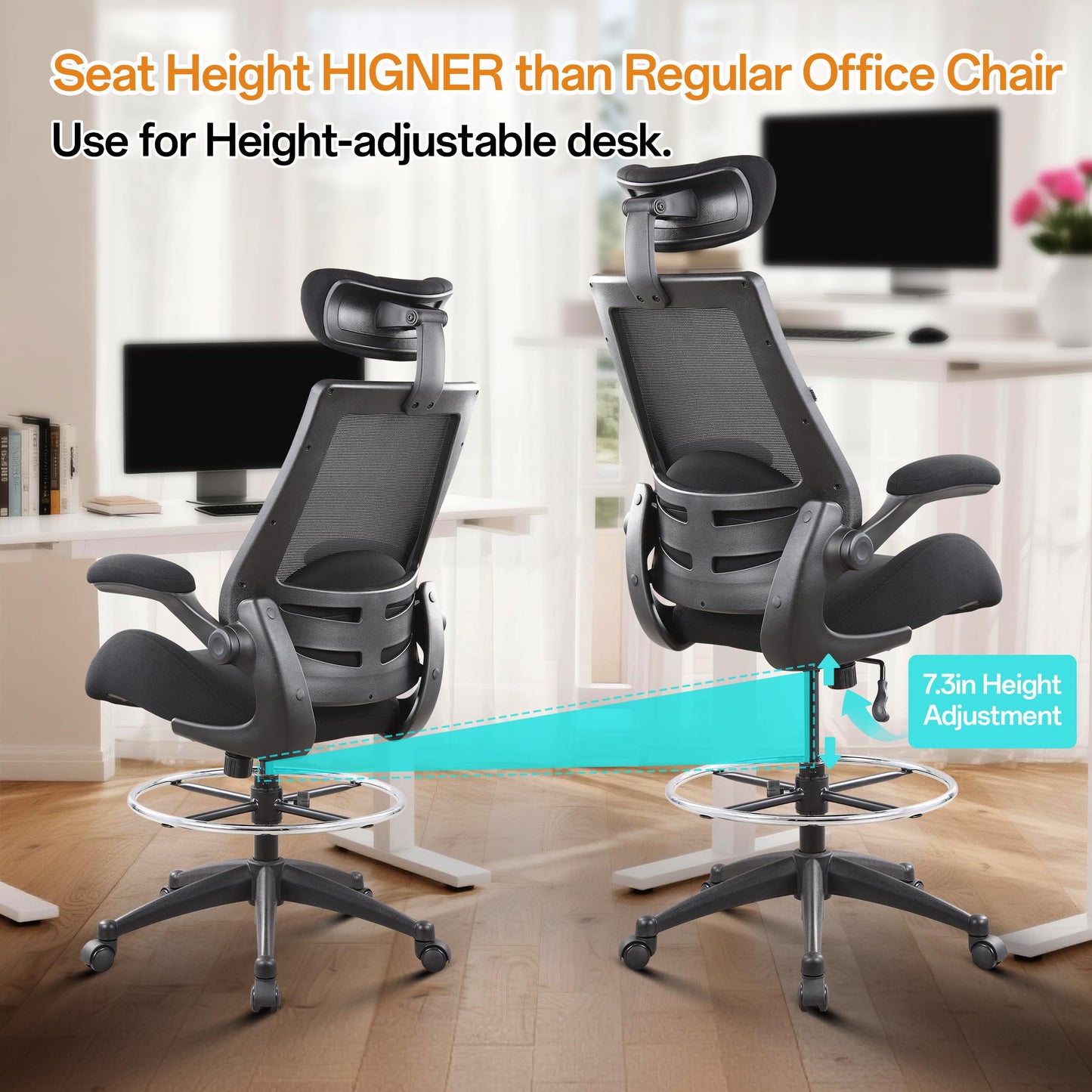BOLISS Drafting Tall Office Chair 400lbs High Back Wide Standing Desk Chair Comfortable with Flip up Armrests Lumbar Support Adjustable Big Footrest Ring(Black)