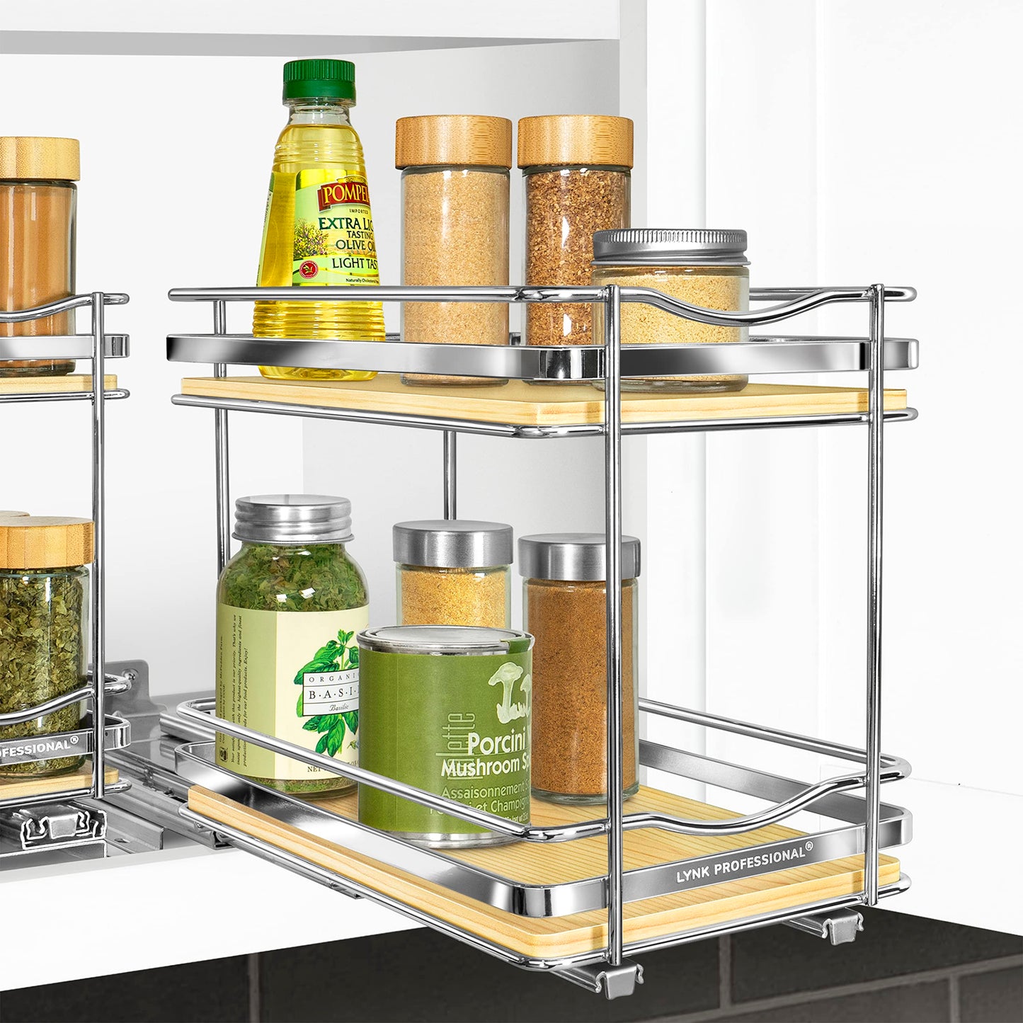LYNK PROFESSIONAL® Pull Out Spice Rack Organizer for Inside Kitchen Cabinets - 4-1/4 inch Wide - Slide Out Drawer – Chrome Sliding Spice Cabinet Organization Shelf Racks - 2 Tier