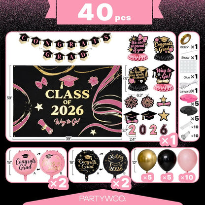 PartyWoo Graduation Decorations Class of 2026 Black Pink Gold 40pcs Grad Party Supplies with Congrats Grad Black Backdrop Banner Hanging Swirls Foil Latex Balloons Graduation Cap Centerpieces Party