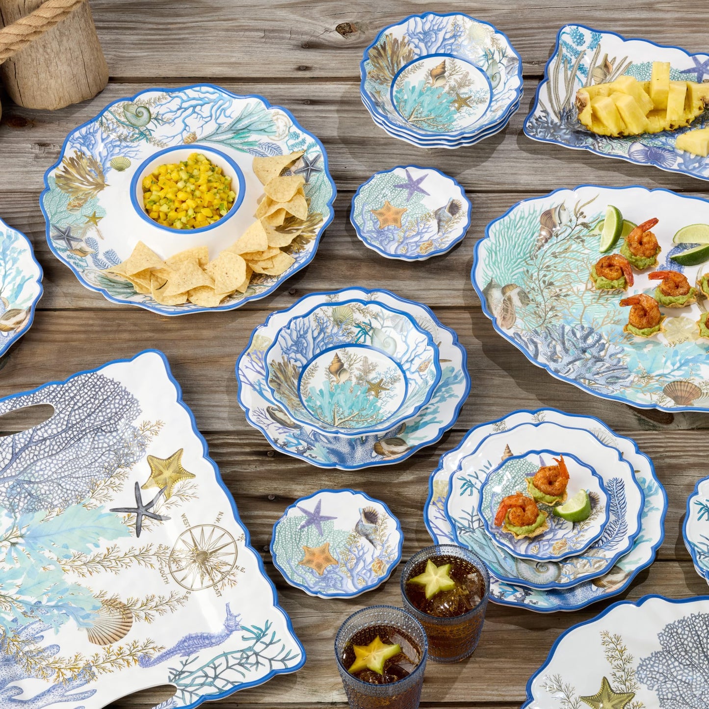 Blue Lagoon 2-Piece Melamine Appetizer Set - Coastal Blues & Coral White Chip & Dip Platter (14.5”) and Rectangular Serving Tray (19” x 8”), Perfect for Entertaining & Beach-Themed Parties