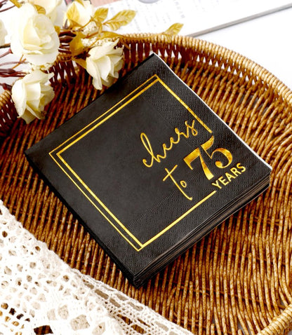 Cheers to Years Cocktail Napkins - 50 PK - 3-Ply Birthday Napkins 5x5 Inches Disposable Party Napkins Beverage Paper Napkins or Birthday Decorations Wedding Anniversary Black and Gold (75 Years)