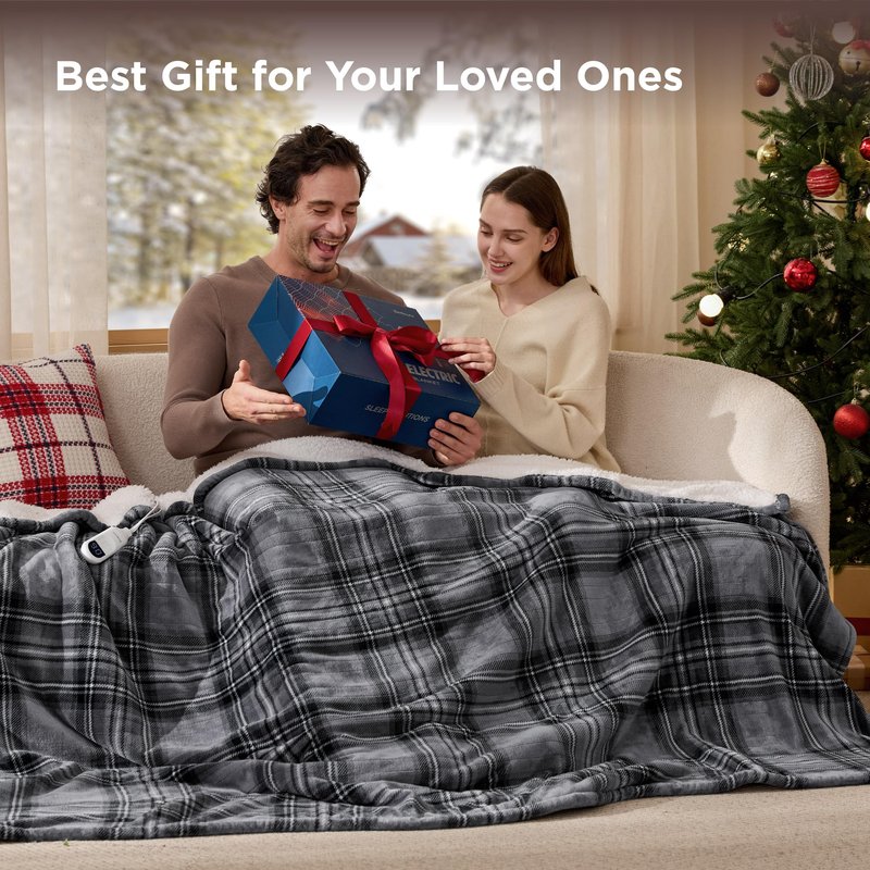 Bedsure Plaid Heated Throw Blanket - Flannel Sherpa Electric Blanket with Plaid Pattern, Heating with 6 Heating Levels, 4 Time Settings, 3-Hour Auto-Off, Warm Gifts for Grandma (Grey, 50"x60")