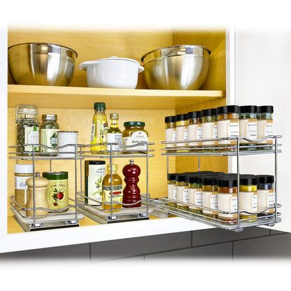 LYNK PROFESSIONAL® Pull Out Spice Rack Organizer for Inside Kitchen Cabinets - 4-1/4 inch Wide - Slide Out Drawer – Chrome Sliding Spice Cabinet Organization Shelf Racks - 2 Tier