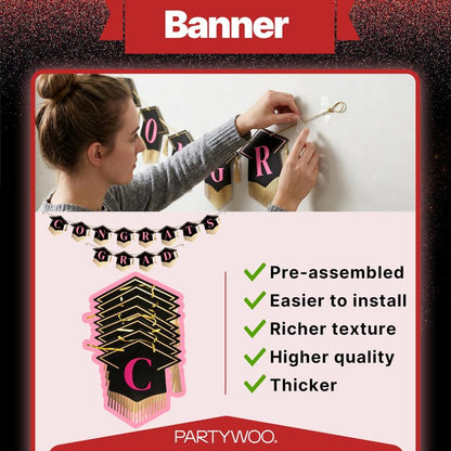 PartyWoo Graduation Decorations Class of 2026 Grad Party Supplies Set with Congrats Grad Red Black Pink Backdrop Banner Hanging Swirls Foil Latex Balloons Graduation Cap Centerpieces Party 40pcs