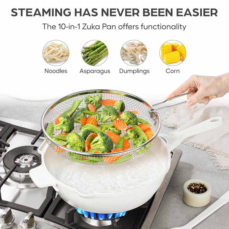 ZUKA 10 in 1 Ceramic Pan by Granitestone, Large 12 Inch Saute Pan with Lid Serves as Deep Frying Pan Set with Steamer, Everyday Skillet, Non Toxic Ceramic Nonstick, Induction Oven & Dishwasher Safe