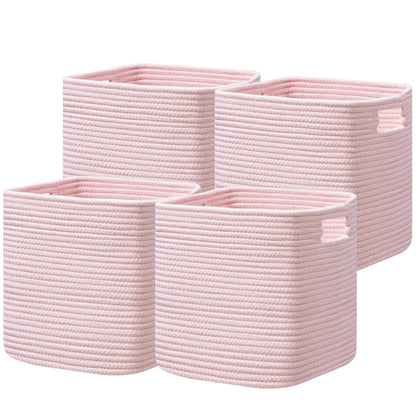 Dreamcountry 13x13 Cube Storage Bins, Storage Cubes with Handles, 4 Pack Cotton Rope Basket for Shelves, Cube Storage Organizer forToys, Book, Clothes, Home, Office, Nursery, Pink