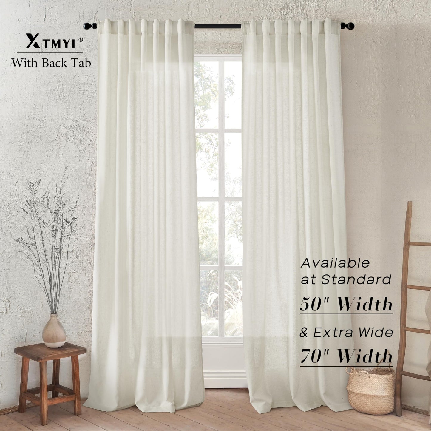 XTMYI Linen Cotton Farmhouse Curtains for Living Room Bedroom 84 Inches Long Two Sheer Hook Belt Pleated Back Tab Birch Off White Ivory Neutral Boho Sour Cream Curtain Drapes 84 Length 2 Panels Set