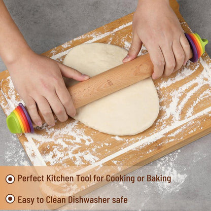 BAMBOO LAND- Adjustable Rolling Pin with Thickness Rings for Baking, 13.8", 4 Colorful Thickness Rings (2-10 mm or 1/16"-3/8"), Wood Rolling Pins for Baking, Bread, Pizza Doughs