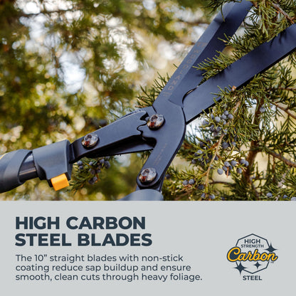 Woodland Tools Super Duty Hedge Shears, 23 Inch Manual Hedge Clippers with 10 Inch Gear-Assist Blades, Power Notch, and Non Stick Coating, Heavy Duty Trimmer for Thick Shrubs and Hedges