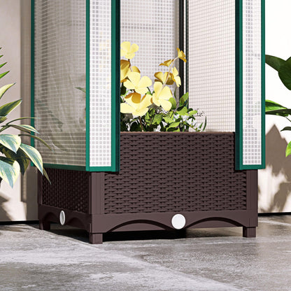Outsunny Plastic Raised Garden Bed with Trellis, Outdoor Planter Box with PE Greenhouse Cover, Drainage Holes and Zipper Door for Climbing Plants, Herbs and Vegetables, 15.7" x 15.7" x 48.8", Brown