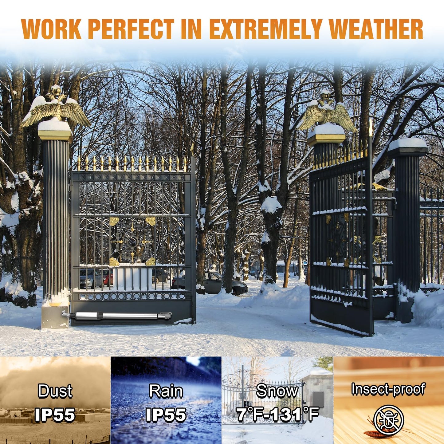 JUJIANG Solar Gate Opener with Batteries & Solar Panel + 2 Extra Remotes for Dual Swing Gates Up to 770lb per Arm Automatic Gate Openers with Remote Complete Kit Medium Duty PKM-C026