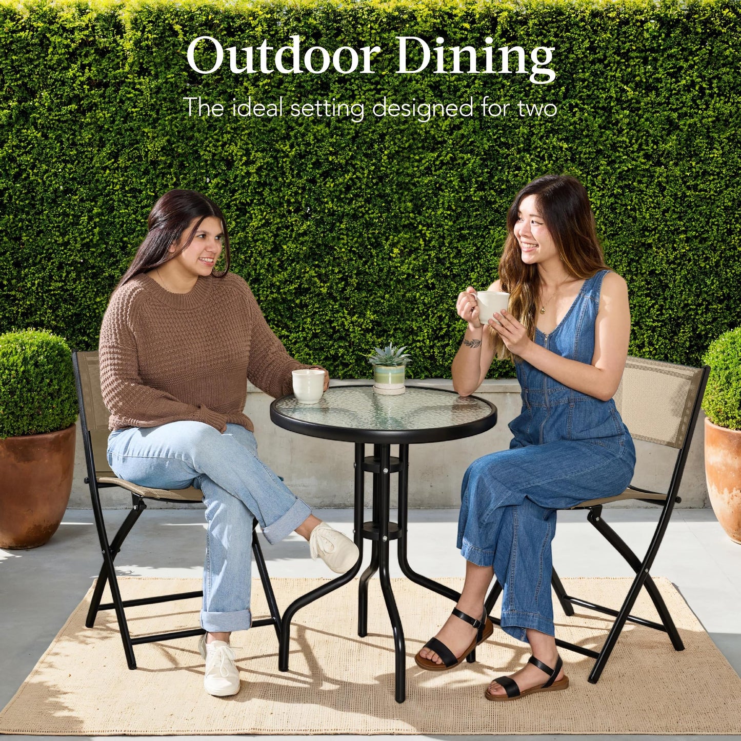 Best Choice Products 3-Piece Patio Bistro Dining Furniture Set w/Textured Glass Tabletop, 2 Steel Folding Chairs, Polyester Fabric - Beige