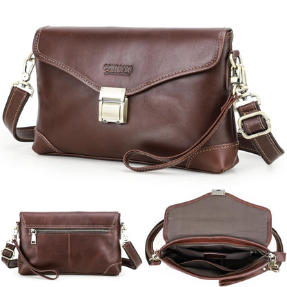 Top Grain Genuine Leather Clutch Wallet for Man & Woman, Handmade Retro Design, Combination Lock & Adjustable Shoulder Strap & Wristlet, Portable Handbag for Cards/Checks/Phone/Banknote, Dark Coffee